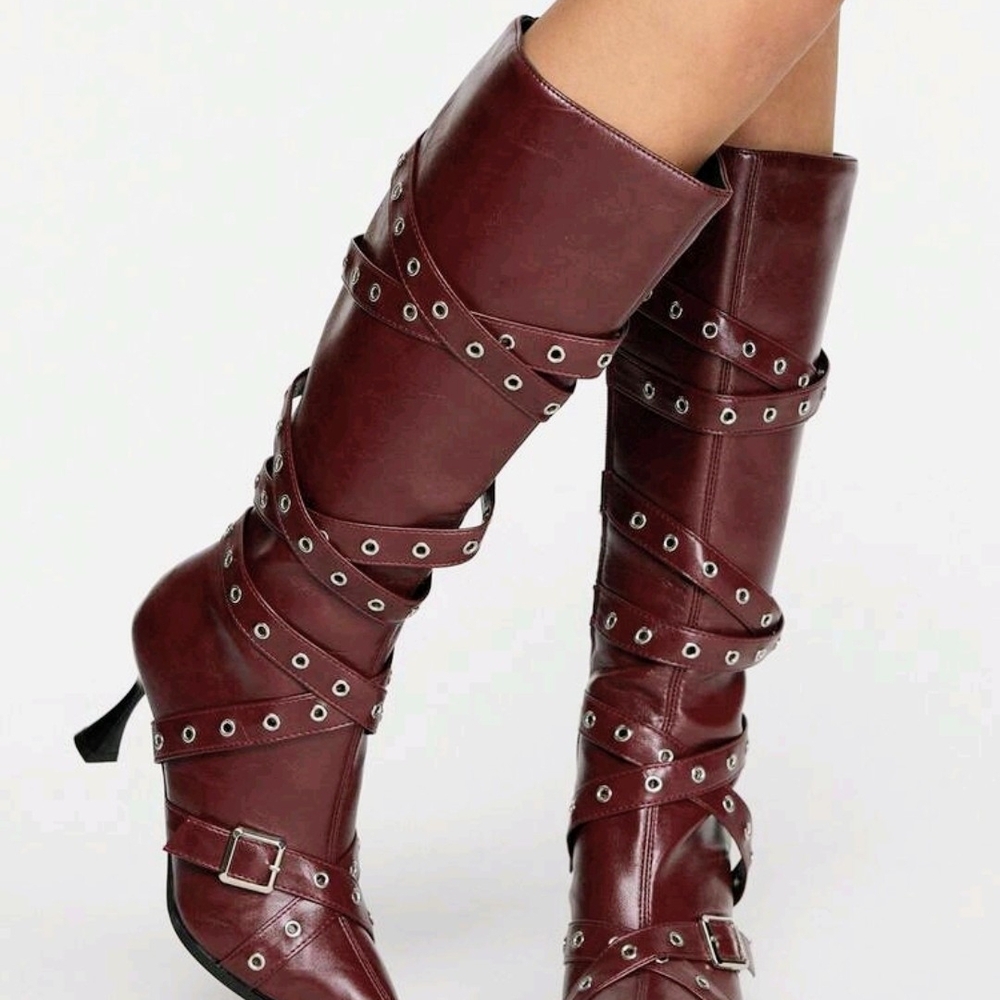 Women’s Burgundy Strappy Knee-High Heeled Boots
